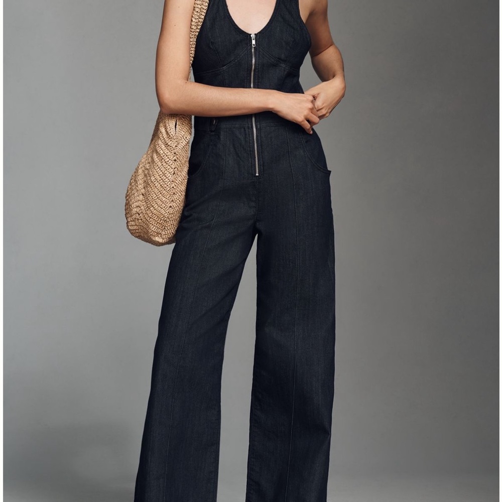 Maeve Anthropologie Sleeveless V-Neck Flare Denim Jumpsuit